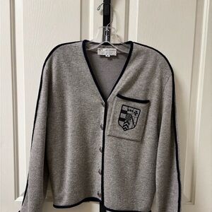 St John Sportswear Heather Gray Cashmere Cardigan with Dark Blue Trim